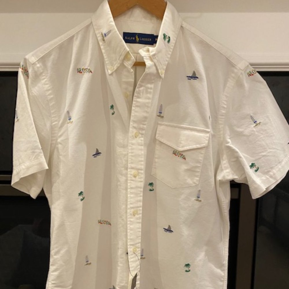 Ralph Lauren White Short-Sleeve Button-Down Shirt - Embroidered Island Motif